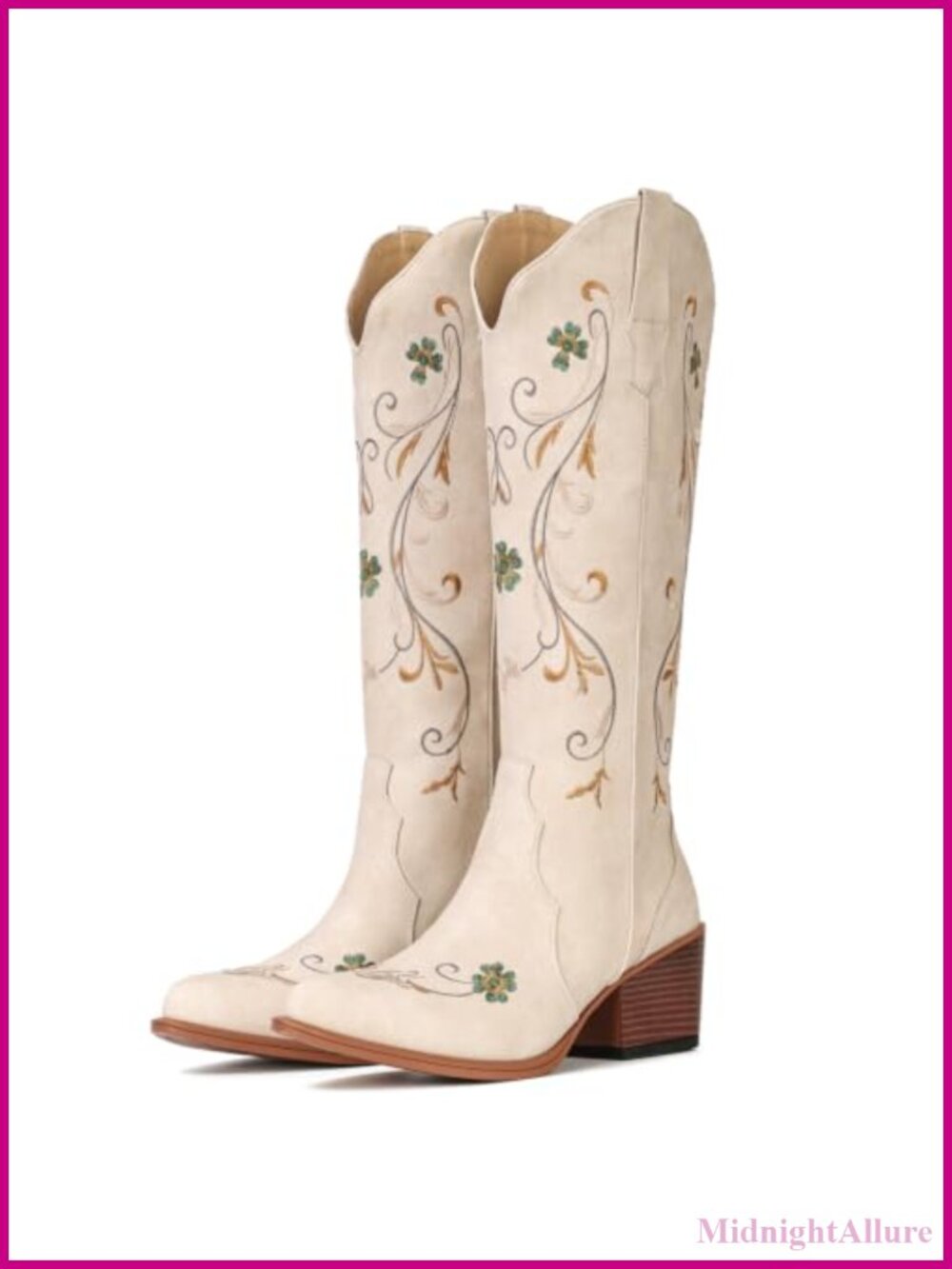 Women's Floral Embroidered Knee-High Western Cowboy Boots Faux Leather